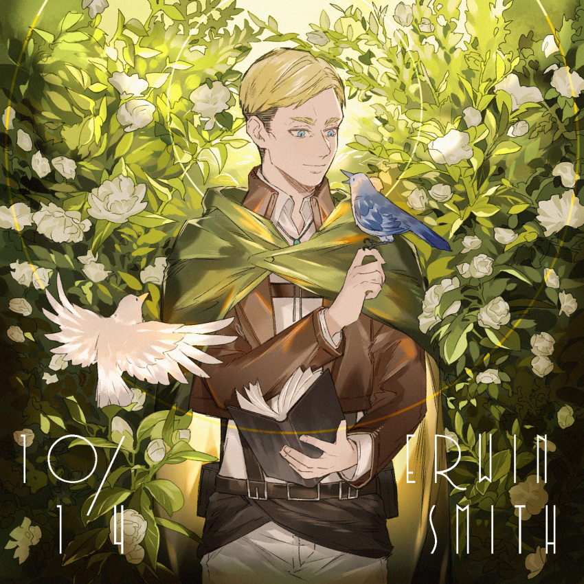 1boy animal animal_on_hand belt belt_buckle bird black_belt black_hair blonde_hair blue_eyes book brown_jacket buckle cape character_name closed_mouth collar emblem erwin_smith flower green_cape happy_birthday highres holding holding_book jacket leather leather_jacket long_sleeves looking_at_another male_focus neckwear pants paradis_military_uniform plant shingeki_no_kyojin shirt short_hair smile solo standing thick_eyebrows uniform upper_body white_flower white_pants yuji_(fantasia)