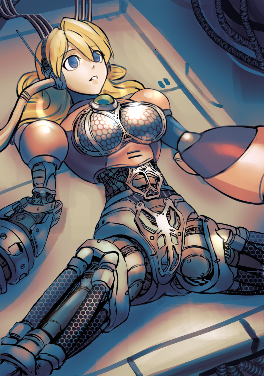 1girl alia_(rockman) android blonde_hair blue_eyes breasts cable chest_jewel dgrp_(minhduc12333) disassembly empty_eyes eyebrows_visible_through_hair highres large_breasts long_hair lying on_back parted_lips parts_exposed radio_antenna robot_joints rockman rockman_x solo spread_legs tube