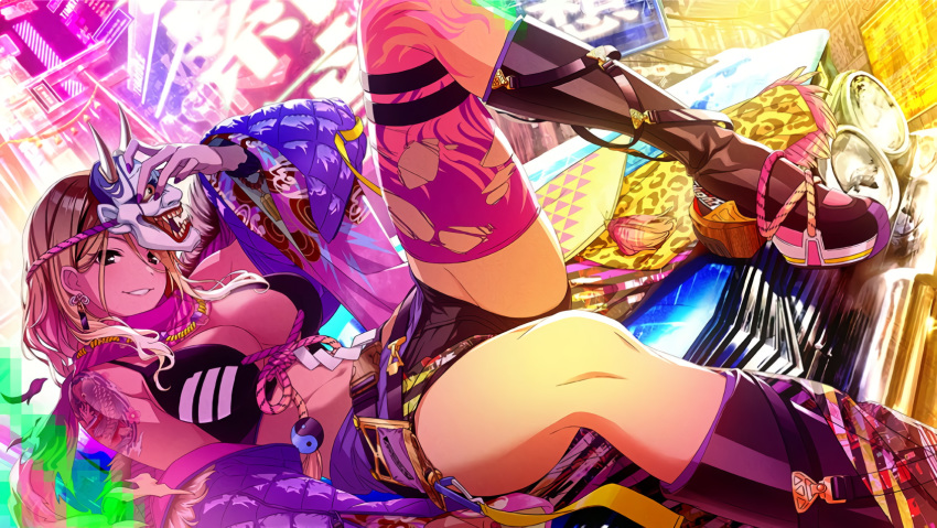1girl animal_print belt bikini_top black_eyes blonde_hair breasts brown_hair chevrolet_impala earrings gradient_hair gyaru highres idolmaster idolmaster_shiny_colors izumi_mei jacket jewelry large_breasts leg_strap leopard_print long_hair looking_at_viewer lying multicolored_hair nail_polish necklace neon_lights noh_mask off-shoulder_jacket official_art on_back on_vehicle oni_mask outdoors scarf shide short_shorts shorts single_thighhigh smile solo tan tattoo thigh-highs thighs tomari_(veryberry00) torn_clothes torn_legwear yin_yang