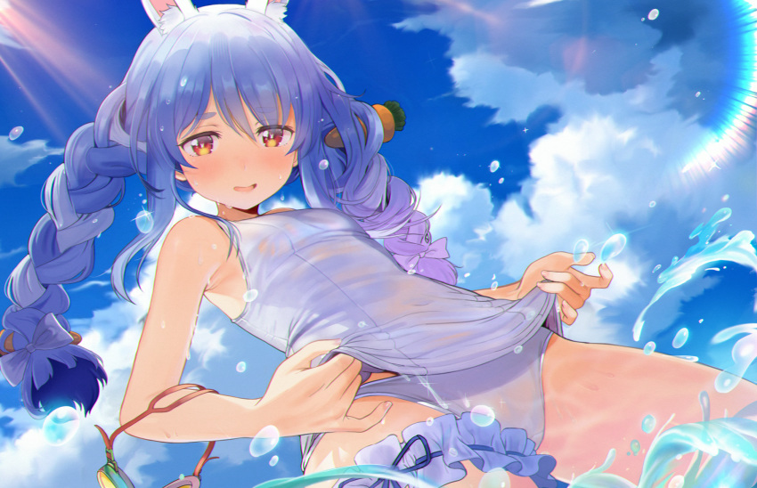 1girl armpits bare_shoulders blue_sky braid bunny_girl clouds commentary_request covered_navel day frilled_straps from_below highres hololive leg_garter lens_flare light_rays long_braid long_hair looking_down one-piece_swimsuit outdoors parted_lips pulled_by_self seicoh sky smile solo standing standing_on_liquid sun sunbeam sunlight swimsuit swimsuit_pull symbol-shaped_pupils thigh_strap twin_braids twintails usada_pekora virtual_youtuber water wet wet_clothes wet_swimsuit white_hair
