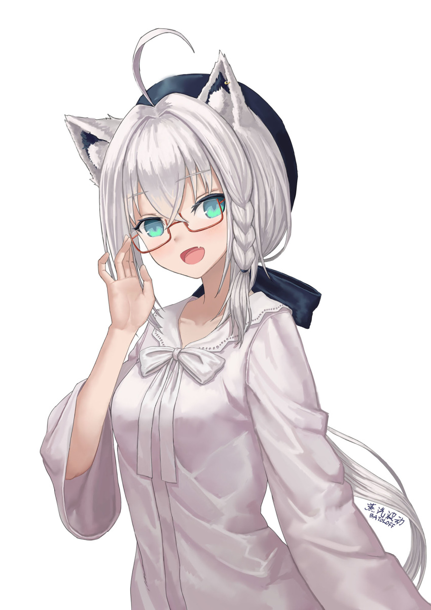 1girl ahoge animal_ear_fluff animal_ears arisku bangs black_ribbon blue_eyes blush braid breasts cat_ears commentary_request eyebrows_visible_through_hair fang fox_ears glasses hair_between_eyes hair_ribbon highres hololive long_hair looking_at_viewer open_mouth ribbon semi-rimless_eyewear shirakami_fubuki simple_background smile solo tail translation_request upper_body virtual_youtuber white_background white_hair
