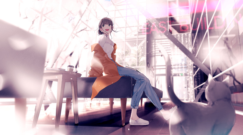 1girl absurdres aqua_eyes blush brown_hair cat cherry_blossoms coffee_cup cup denim disposable_cup highres indoors jeans maeda_mic open_mouth original pants scenery short_hair sitting smile solo table upper_teeth white_footwear