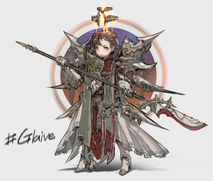 1girl absurdres armor blush_stickers boots breastplate brown_hair english_text full_armor full_body glaive halo hashtag high_heel_boots high_heels highres holding holding_weapon looking_at_viewer metal_boots mole mole_under_eye nogchasaeg_(karon2848) original parted_lips pauldrons red_pupils short_hair solo standing tabard two-handed violet_eyes waist_cape weapon