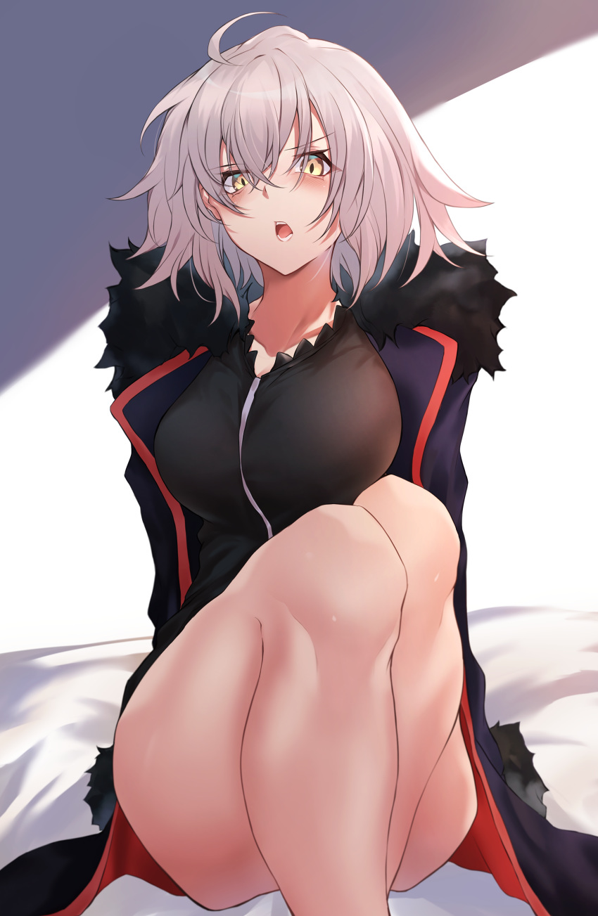 1girl :o absurdres ahoge bangs bed_sheet black_dress breasts coat crossed_bangs dress fate/grand_order fate_(series) fur-trimmed_coat fur-trimmed_jacket fur_collar fur_trim hair_between_eyes highres jacket jeanne_d'arc_(alter)_(fate) jeanne_d'arc_(fate)_(all) large_breasts looking_at_viewer open_clothes open_coat open_mouth short_dress short_hair silver_hair sitting thighs wicked_dragon_witch_ver._shinjuku_1999 yellow_eyes yuki_maccha_(yukimattya10)