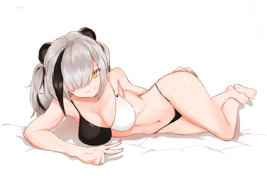 1girl absurdres animal_ears arknights ass bare_shoulders barefoot breasts choumi_wuti_(xueye_fanmang_zhong) feater_(arknights) highres large_breasts open_mouth panda_ears solo swimsuit two-tone_background yellow_eyes