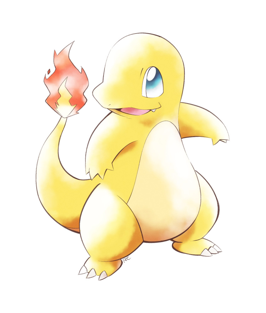 :d artsy-rc charmander commentary english_commentary fang fire full_body gen_1_pokemon highres looking_at_viewer no_humans open_mouth pokemon pokemon_(creature) signature simple_background smile sugimori_ken_(style) white_background