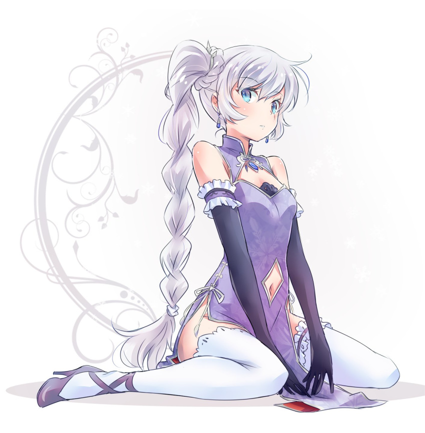 1girl arm_garter black_gloves blue_eyes china_dress chinese_clothes cleavage_cutout dress gloves hair_ornament high_heels highres iesupa long_hair navel_cutout pelvic_curtain rwby scar scar_across_eye side_ponytail single_garter sitting solo thigh-highs wariza weiss_schnee white_hair white_legwear