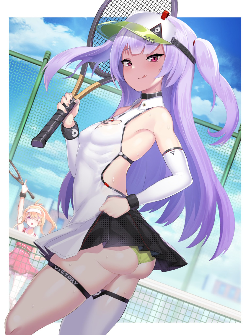 2girls achilles_(azur_lane) ajax_(azur_lane) alternate_costume armpits ass azur_lane bache_(azur_lane) bache_(azur_lane)_(cosplay) blonde_hair blue_sky breasts closed_mouth clouds commentary_request cosplay day detached_sleeves dutch_angle from_behind green_panties hand_on_hip highres lavender_hair licking_lips long_hair looking_at_viewer multiple_girls outdoors panties pantyshot pantyshot_(standing) racket red_eyes single_thighhigh skindentation sky small_breasts smile sportswear standing sweat tennis tennis_court tennis_net tennis_racket tennis_uniform thigh-highs thigh_strap tongue tongue_out two_side_up underwear unizou visor_cap