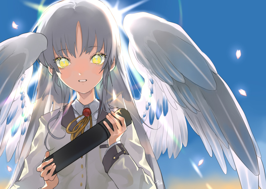 1girl angel_beats! angel_wings blazer cherry_blossoms commentary_request graduation highres jacket lens_flare long_hair looking_at_viewer petals school_uniform silver_hair solo suiyama_akira sun tachibana_kanade tube upper_body white_wings wings yellow_eyes