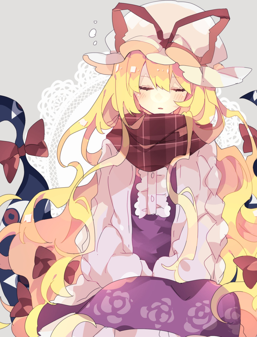 1girl blonde_hair blush bow closed_eyes commentary_request doily dress eyes facing_viewer gap grey_background hair_bow hat highres long_hair long_sleeves mob_cap nikorashi-ka plaid plaid_scarf purple_dress red_bow red_ribbon red_scarf ribbon scarf sitting sleeping solo sweater touhou very_long_hair white_headwear yakumo_yukari