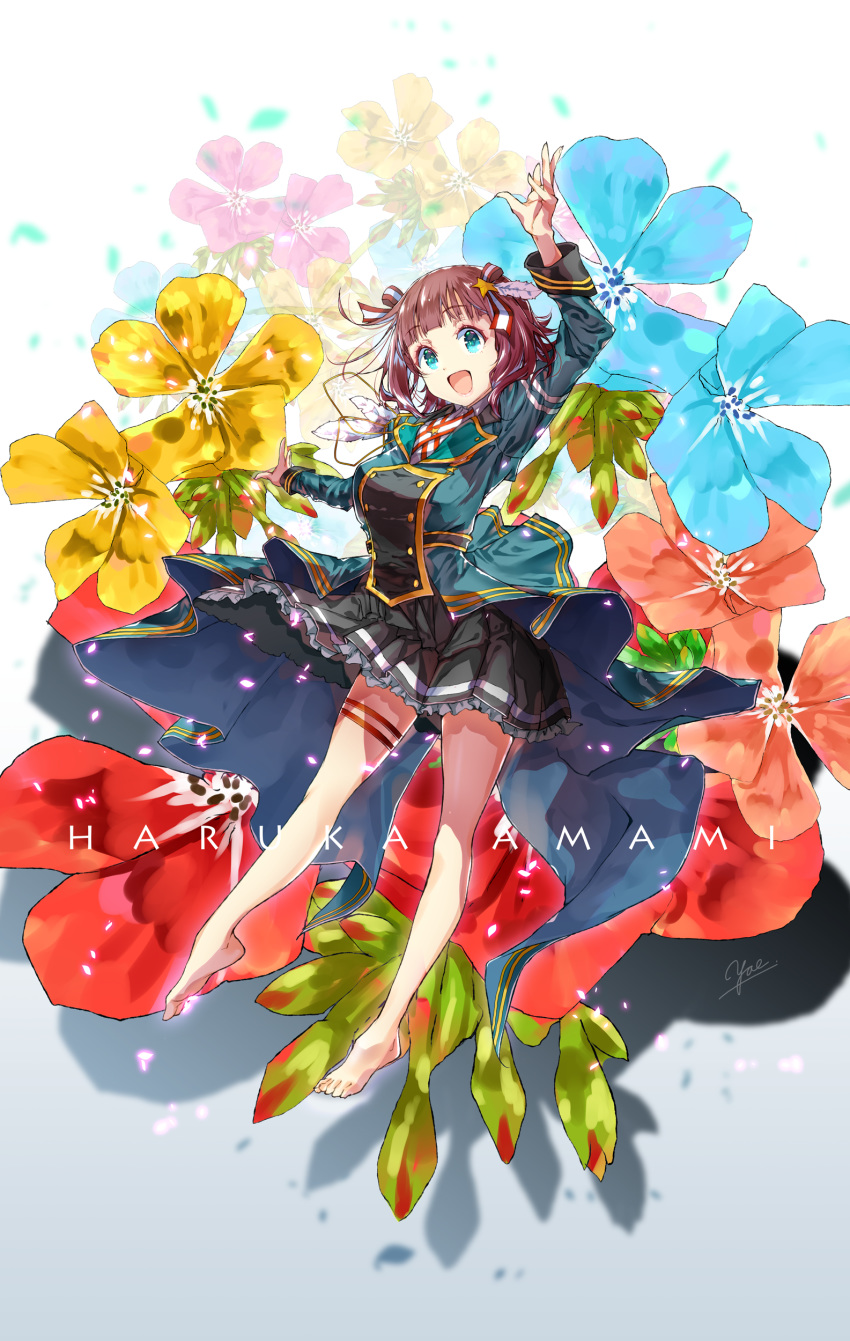1girl :d absurdres amami_haruka arm_up artist_name bangs barefoot black_skirt blunt_bangs breasts brown_hair character_name commentary_request double-breasted eyebrows_visible_through_hair feathers floral_background frilled_skirt frills full_body geranium green_eyes green_jacket hair_ornament hair_ribbon highres idolmaster idolmaster_(classic) idolmaster_million_live! idolmaster_million_live!_theater_days jacket long_sleeves looking_at_viewer medium_breasts medium_hair open_mouth outstretched_arm pleated_skirt ribbon shiny shiny_hair skirt smile solo star star_hair_ornament thigh_strap yae_(mono110)
