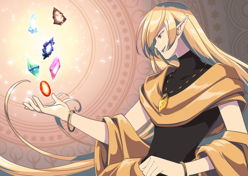 1boy blonde_hair bracelet crystal gem ginta_(silver_box) golden_emperor_shara jewelry long_hair male_focus necklace pixiv_fantasia pixiv_fantasia_age_of_starlight red_eyes sharp_teeth sleeveless solo teeth upper_body very_long_hair