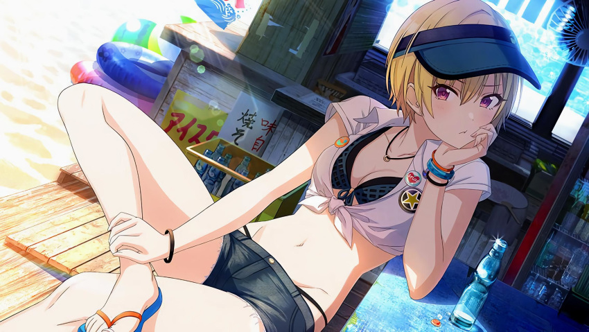 1girl badge bikini bikini_under_clothes blonde_hair blue_bikini bracelet breasts button_badge flip-flops highres idolmaster idolmaster_shiny_colors jewelry medium_breasts necklace official_art ring_necklace saijou_juri sandals shirt short_hair shorts swimsuit tomari_(veryberry00) violet_eyes visor_cap white_shirt