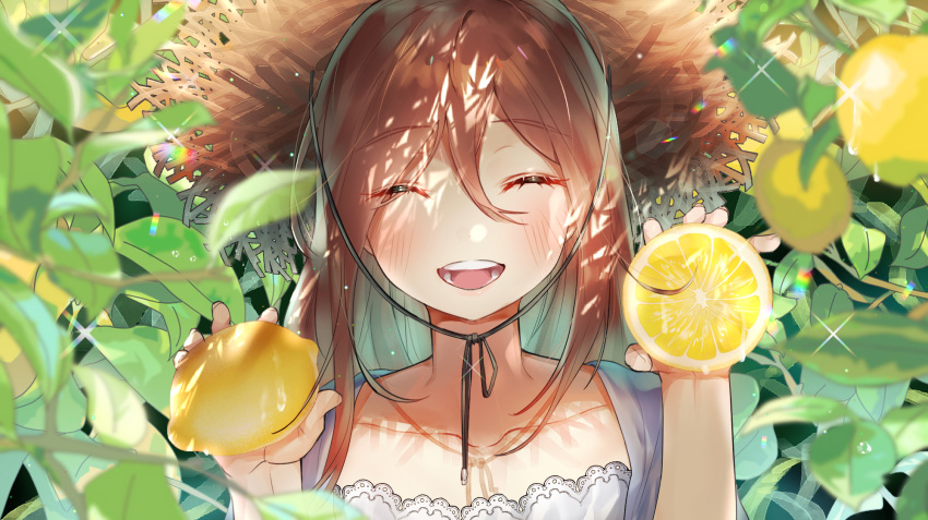 1girl :d bangs blush brown_hair closed_eyes collarbone dress eyebrows_visible_through_hair food fruit happy hat highres holding holding_food lace lace-trimmed_dress leaf lemon long_hair open_mouth original portrait puckjjick_(belbesi19) sidelocks smile solo sparkle straw_hat summer sundress upper_body water_drop white_dress