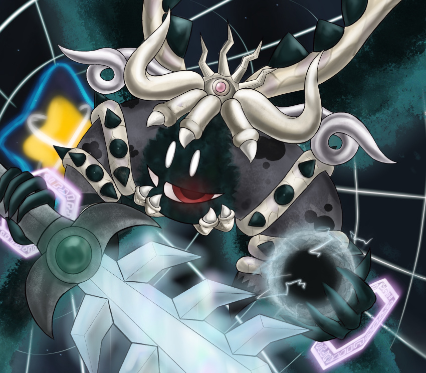 absurdres commentary_request demon_horns disembodied_limb energy_ball glowing gomikerasu highres holding holding_sword holding_weapon horns kirby's_return_to_dream_land kirby_(series) magolor magolor_soul master_crown no_humans pop_star portal_(object) red_eyes solo spoilers sword third_eye weapon white_eyes wings