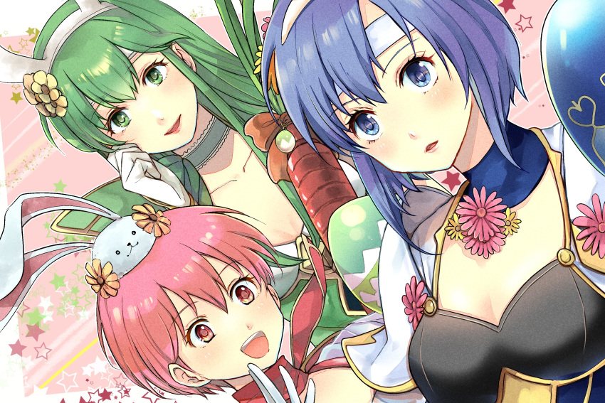 3girls animal_ears anzk232 blue_eyes blue_hair carrot catria_(fire_emblem) easter_egg egg est_(fire_emblem) fake_animal_ears fire_emblem fire_emblem:_mystery_of_the_emblem fire_emblem_heroes gloves green_eyes green_hair headband highres holding long_hair multiple_girls open_mouth palla_(fire_emblem) parted_lips pink_eyes pink_hair rabbit_ears short_hair siblings sisters white_gloves white_headband