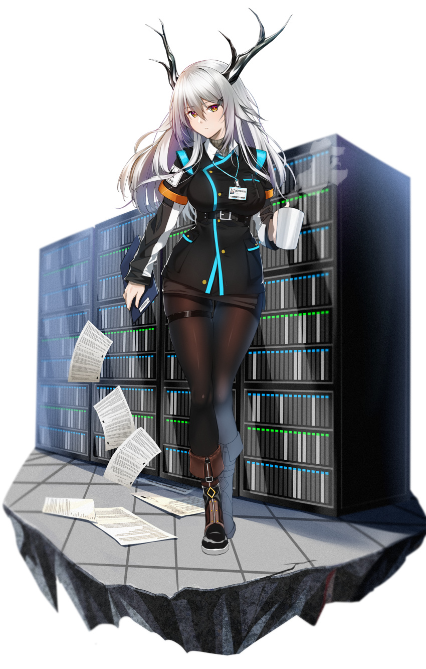 1girl arknights bishi_(bishi) black_jacket black_legwear blazer boots breasts brown_footwear clipboard coffee_mug commentary_request cup expressionless floor grey_hair hair_between_eyes head_tilt highres holding holding_cup horns jacket large_breasts long_hair long_sleeves looking_at_viewer miniskirt mug multicolored multicolored_eyes name_tag original pantyhose paperwork pencil personification server shirt skirt solo thigh_strap violet_eyes yellow_eyes