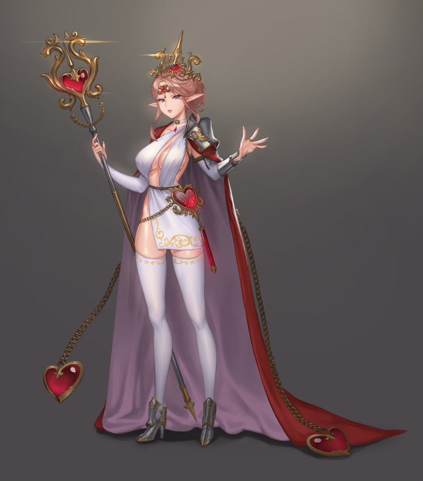 1girl ankle_boots armored_boots boots breasts brown_hair cape choker crown diadem forehead_jewel full_body glint grey_background heart high_heel_boots high_heels highres holding holding_staff karmiel large_breasts looking_at_viewer no_bra original parted_lips pelvic_curtain pointy_ears red_cape revealing_clothes sash shoulder_armor skindentation solo spaulders staff thigh-highs violet_eyes white_choker white_legwear