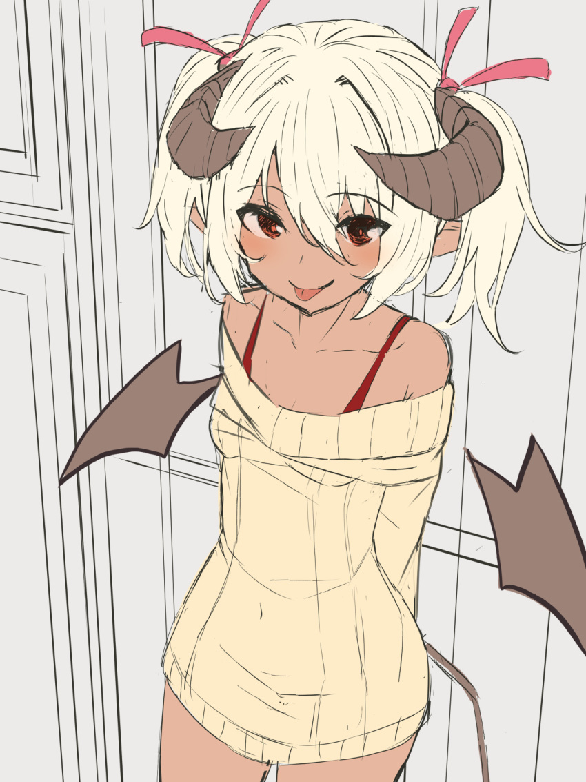 1girl :p arms_behind_back bangs bare_shoulders blush brown_eyes brown_sweater brown_wings closed_mouth collarbone commentary_request covered_navel curled_horns dark_skin dark-skinned_female demon_girl demon_horns demon_tail demon_wings detached_wings eyebrows_visible_through_hair hair_between_eyes hair_ribbon highres horns off-shoulder_sweater off_shoulder original pointy_ears red_ribbon ribbed_sweater ribbon smile solo sweater tail tongue tongue_out twintails white_hair wings yuuji_(yukimimi)