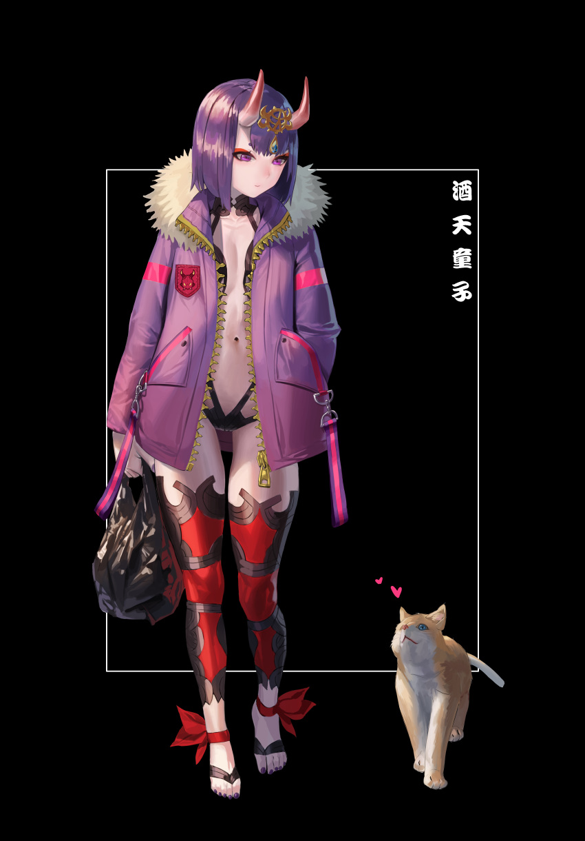 1girl absurdres ankle_ribbon bag bangs barefoot_sandals black_background blush bob_cut breasts cat closed_mouth collarbone eyeliner fate/grand_order fate_(series) full_body fur-trimmed_jacket fur_trim hand_in_pocket headpiece heart highres horns jacket legs long_sleeves looking_to_the_side makeup navel oni oni_horns open_clothes open_jacket purple_hair purple_jacket red_ribbon revealing_clothes ribbon short_eyebrows short_hair shuten_douji_(fate/grand_order) skin-covered_horns small_breasts uronte violet_eyes zipper