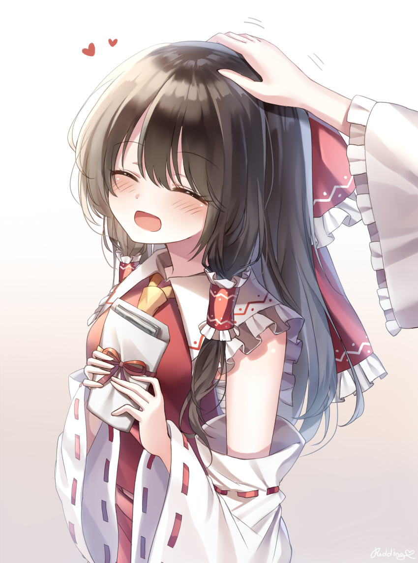 1girl ^_^ absurdres artist_name ascot bangs bare_shoulders black_hair blush bow breasts closed_eyes commentary_request detached_sleeves eyebrows_visible_through_hair frilled_bow frilled_shirt_collar frills gradient gradient_background grey_background hair_between_eyes hair_bow hair_tubes hakurei_reimu head_tilt heart highres holding long_hair long_sleeves midriff_peek open_mouth petting pudding_(skymint_028) red_bow red_skirt sarashi sidelocks signature skirt skirt_set small_breasts solo_focus touhou upper_body white_background wide_sleeves yellow_neckwear
