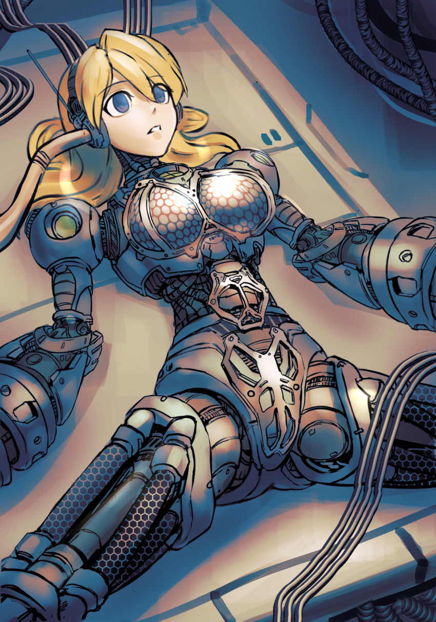 1girl alia_(rockman) android blonde_hair blue_eyes breasts cable dgrp_(minhduc12333) disassembly empty_eyes eyebrows_visible_through_hair highres large_breasts long_hair lying on_back parted_lips parts_exposed piston radio_antenna robot_joints rockman rockman_x solo spread_legs tube