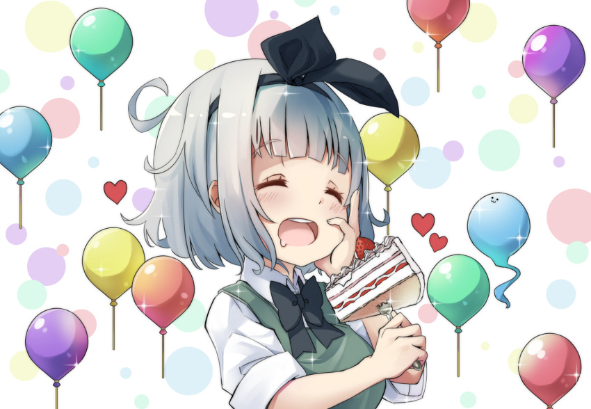 1girl :3 :d ^_^ balloon bangs black_bow black_hairband black_neckwear black_ribbon blunt_bangs blush bow bowtie cake closed_eyes collared_shirt commentary_request drooling eyebrows_visible_through_hair food fork fruit green_vest hair_ribbon hairband hand_on_own_cheek heart highres holding holding_fork konpaku_youmu konpaku_youmu_(ghost) multicolored multicolored_background open_mouth pegashi ribbon shirt short_hair short_sleeves silver_hair slice_of_cake smile solo sparkle strawberry touhou upper_body vest white_shirt wing_collar