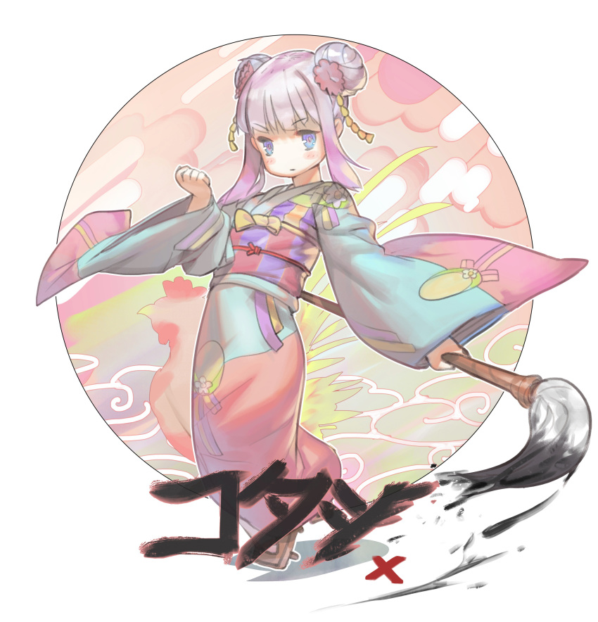 1girl absurdres bangs blue_eyes calligraphy_brush closed_mouth copyright_request double_bun eyebrows_visible_through_hair flower geta hair_flower hair_ornament hand_up highres holding_brush japanese_clothes kimono long_sleeves looking_at_viewer multicolored multicolored_clothes multicolored_eyes multicolored_kimono nogchasaeg_(karon2848) obi paintbrush purple_hair red_flower sash solo violet_eyes wide_sleeves