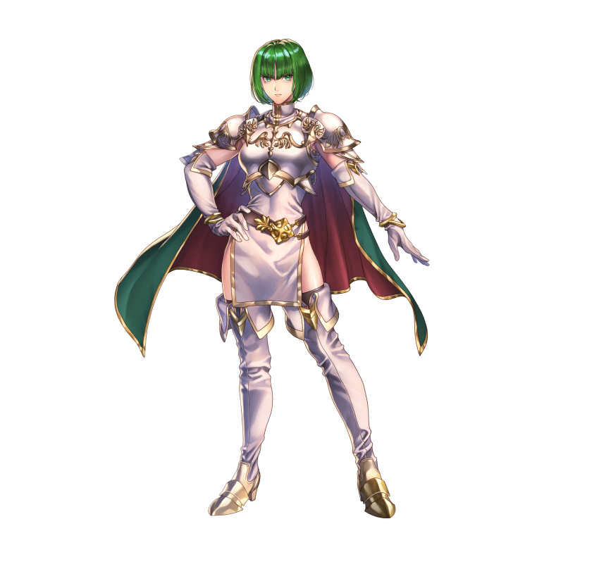 1girl absurdres armor belt black_legwear boots breastplate closed_mouth commentary_request dithorba_(fire_emblem) dress elbow_gloves fire_emblem fire_emblem:_genealogy_of_the_holy_war fire_emblem_heroes full_body gloves gold_trim green_eyes green_hair hand_on_hip high_heels highres looking_at_viewer official_art serious shiny shiny_hair short_dress short_hair shoulder_armor simple_background sleeveless solo standing thigh-highs thigh_boots thighs turtleneck white_background white_dress white_footwear white_gloves yoneko_okome99 zettai_ryouiki