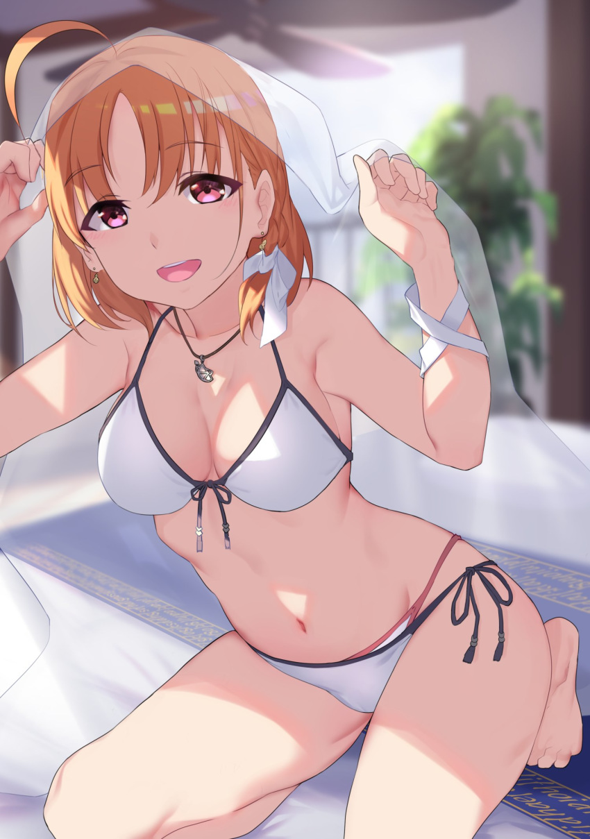 1girl bangs barefoot bikini blurry blurry_background breasts dappled_sunlight day depth_of_field earrings eyebrows_visible_through_hair front-tie_bikini front-tie_top hair_ribbon highres jewelry kneeling leaning_forward looking_at_viewer love_live! love_live!_sunshine!! medium_breasts multi-strapped_bikini navel necklace open_mouth orange_hair outdoors red_eyes ribbon short_hair side-tie_bikini smile solo sunlight swimsuit takami_chika veil white_bikini white_ribbon yamaori_(yamaorimon)