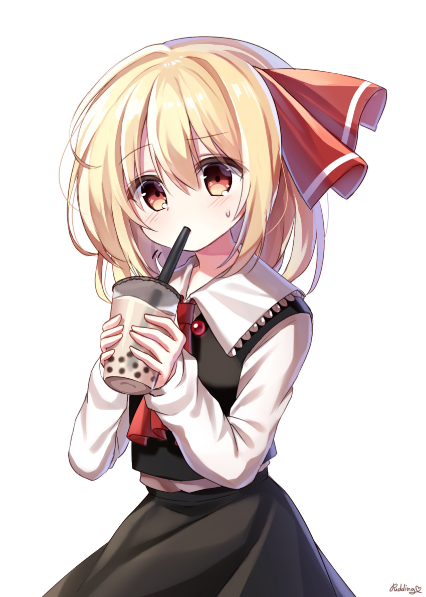 1girl artist_name ascot bangs black_skirt black_vest blonde_hair blush brown_eyes bubble_tea commentary_request cowboy_shot cup disposable_cup drinking_straw eyebrows_visible_through_hair hair_between_eyes hair_ribbon hands_up highres holding holding_cup long_sleeves pudding_(skymint_028) red_neckwear red_ribbon ribbon rumia shirt short_hair signature simple_background skirt skirt_set solo sweat touhou vest white_background white_shirt