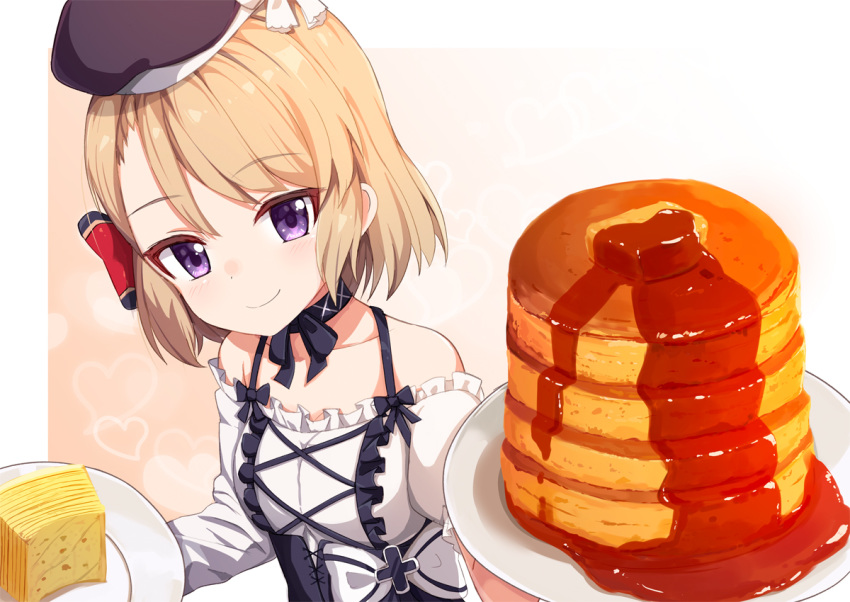 1girl ame. asymmetrical_sleeves azur_lane bangs bare_shoulders baumkuchen beret black_collar black_headwear blush bow breasts brown_background butter cheese closed_mouth collar collarbone commentary_request eyebrows_visible_through_hair food gradient gradient_background hair_bow hat heart heart_background holding holding_plate light_brown_hair long_sleeves looking_at_viewer off-shoulder_shirt off_shoulder pancake plate puffy_short_sleeves puffy_sleeves shirt short_hair short_sleeves small_breasts smile solo stack_of_pancakes syrup upper_body violet_eyes white_background white_shirt z23_(azur_lane)