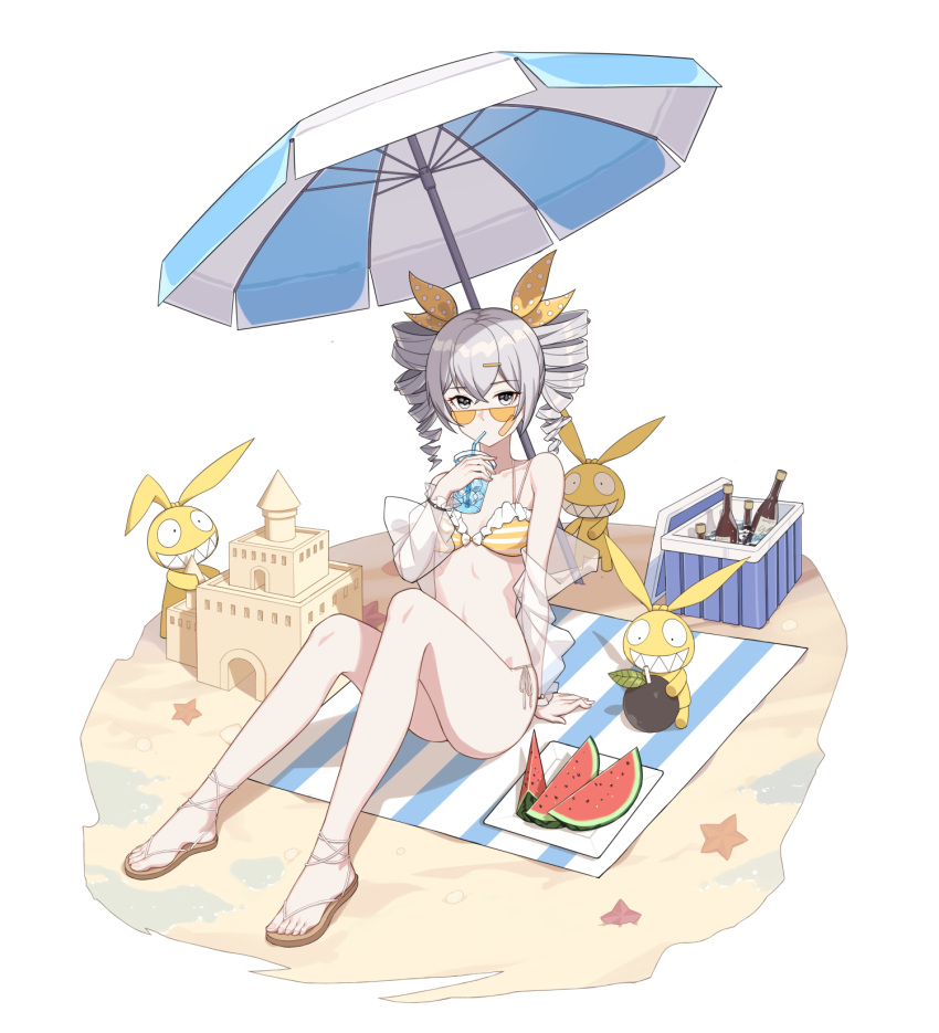 1girl alternate_costume blue_umbrella breasts bronya_zaychik cup drill_hair drinking drinking_straw eyebrows_visible_through_hair food fruit full_body grey_eyes grey_hair hair_between_eyes hair_ornament hairclip highres holding holding_cup honkai_(series) honkai_impact_3rd looking_at_viewer multicolored_umbrella sand_castle sand_sculpture sandals short_hair sitting small_breasts solo sunglasses swimsuit twin_drills umbrella watermelon white_umbrella youx