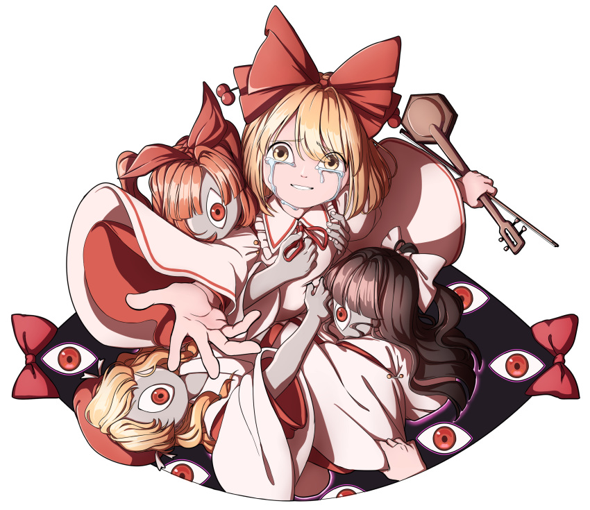 4girls absurdres blonde_hair bow capelet crying crying_with_eyes_open erhu gap hair_bow highres holding holding_instrument instrument layered_sleeves looking_at_viewer mefomefo multiple_girls outstretched_arm pulled_by_another pulling satsuki_rin short_hair tears touhou white_background wide_sleeves yellow_eyes