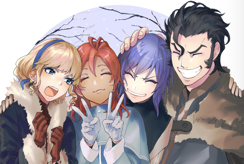 2boys 2girls alternate_costume balthus_(fire_emblem) black_hair blonde_hair blue_eyes blue_hairband brown_gloves closed_eyes closed_mouth coat constance_von_nuvelle dark_skin double_v earrings fire_emblem fire_emblem:_three_houses fur_trim gloves grin hairband hand_on_another's_head hapi_(fire_emblem) highres hot_dog_fe jewelry long_sleeves multicolored_hair multiple_boys multiple_girls open_mouth purple_hair redhead short_hair smile upper_body v white_gloves yuri_(fire_emblem)
