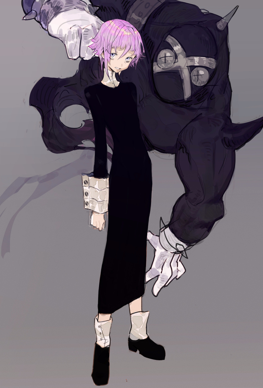 1other absurdres blue_eyes clenched_hand crona_(soul_eater) floating gloves grey_background hair_between_eyes highres parted_lips pink_hair ragnarok_(demon_sword) rosette_(yankaixuan) short_hair simple_background sketch soul_eater spikes standing white_gloves
