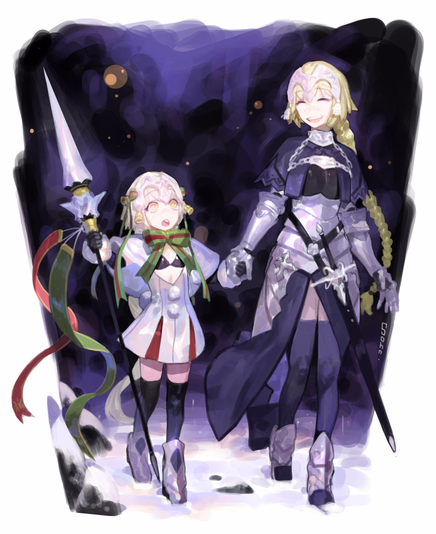 2girls absurdres armor bell black_gloves black_legwear blonde_hair blush braid breasts closed_eyes facing_another fate/apocrypha fate/grand_order fate_(series) gloves headpiece highres holding holding_spear holding_weapon jeanne_d'arc_(fate) jeanne_d'arc_(fate)_(all) jeanne_d'arc_alter_santa_lily large_breasts long_hair multiple_girls open_mouth polearm sketch small_breasts smile snow sohn_woohyoung spear thigh-highs upper_teeth weapon