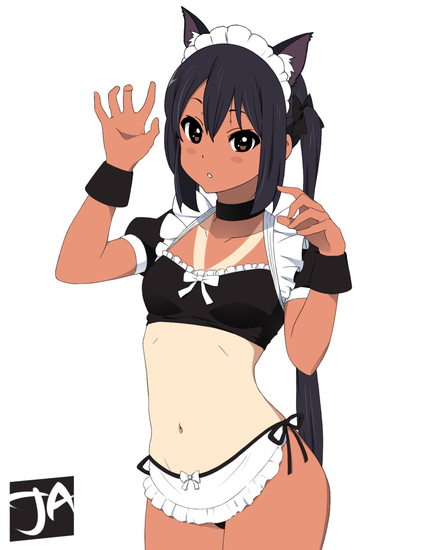 1girl animal_ears apron bikini black_bikini black_choker black_hair blush blush_stickers breasts cat_ears choker commentary contrapposto cowboy_shot english_commentary hair_between_eyes hands_up highres j_adsen k-on! kemonomimi_mode long_hair looking_at_viewer maid maid_bikini maid_headdress midriff nakano_azusa navel parted_lips paw_pose puffy_short_sleeves puffy_sleeves short_sleeves shrug_(clothing) side-tie_bikini simple_background small_breasts solo stomach swimsuit tan tanline twintails very_long_hair waist_apron white_background wristband