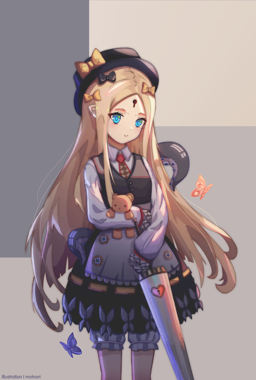 1girl abigail_williams_(fate/grand_order) absurdres bangs black_bow black_dress black_headwear blonde_hair blue_eyes blush bow breasts collared_shirt contemporary dress dress_shirt earrings fate/grand_order fate_(series) forehead hair_bow hat hat_bow highres jewelry keyhole long_hair long_sleeves looking_at_viewer momotoori multiple_hair_bows necktie orange_bow parted_bangs parted_lips red_neckwear revision shirt sleeves_past_wrists small_breasts solo stuffed_animal stuffed_toy teddy_bear tentacles umbrella white_bloomers white_shirt