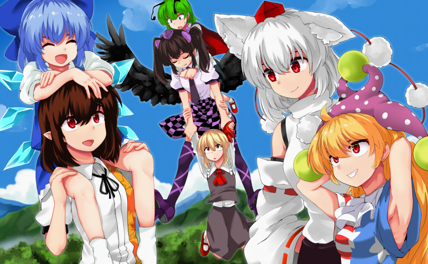 6+girls absurdres black_hair black_legwear black_neckwear blonde_hair blue_bow blue_hair blush bow carrying cirno closed_eyes closed_mouth clownpiece day facing_another green_hair grin hair_bow hat highres himekaidou_hatate huge_filesize inubashiri_momiji long_hair looking_at_another multiple_girls necktie open_mouth outdoors parted_lips piggyback pointy_ears red_eyes red_footwear red_headwear rumia shameimaru_aya shirokaba114 short_hair short_twintails smile teeth thigh-highs tokin_hat touhou twintails white_hair wriggle_nightbug