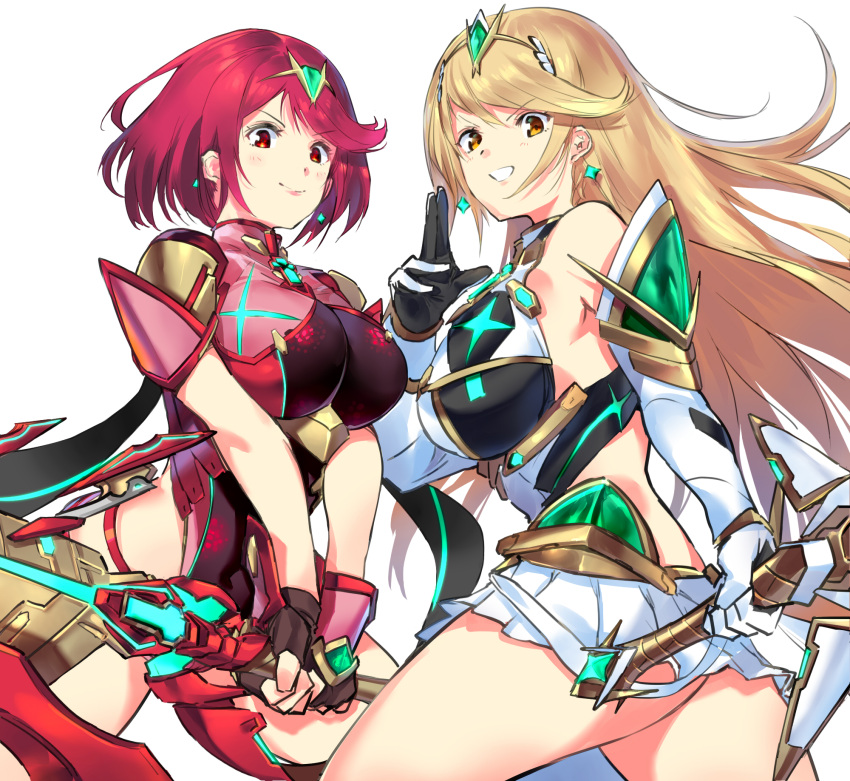 2girls ass bangs black_gloves blonde_hair breasts chest_jewel dress earrings elbow_gloves fingerless_gloves gem gloves headpiece highres jewelry large_breasts long_hair multiple_girls mythra_(xenoblade) negresco pyra_(xenoblade) red_eyes red_shorts redhead short_dress short_hair short_shorts shorts simple_background super_smash_bros. swept_bangs sword thigh_strap tiara very_long_hair weapon white_dress white_gloves xenoblade_chronicles_(series) xenoblade_chronicles_2 yellow_eyes