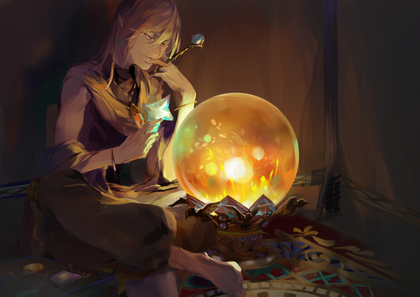 1boy barefoot bracelet crossed_legs crystal_ball gem golden_emperor_shara highres jewelry long_hair male_focus necklace pixiv_fantasia pixiv_fantasia_age_of_starlight pointy_ears rug sitting sleeveless solo tent very_long_hair wand white2013