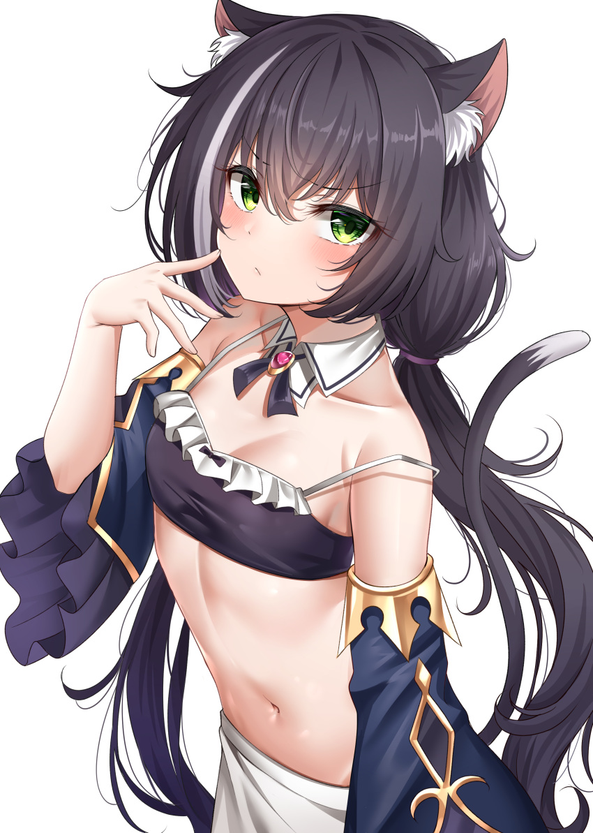 1girl absurdres animal_ear_fluff animal_ears bandeau bare_shoulders bikini black_bikini black_hair breasts brooch cat_ears collarbone commentary detached_collar detached_sleeves frilled_bikini frills frown green_eyes hand_up highres jewelry kyaru_(princess_connect) long_hair long_sleeves looking_at_viewer midriff multicolored_hair navel princess_connect! princess_connect!_re:dive simple_background small_breasts solo spaghetti_strap stomach strap_slip streaked_hair sunhyun swimsuit upper_body very_long_hair white_background