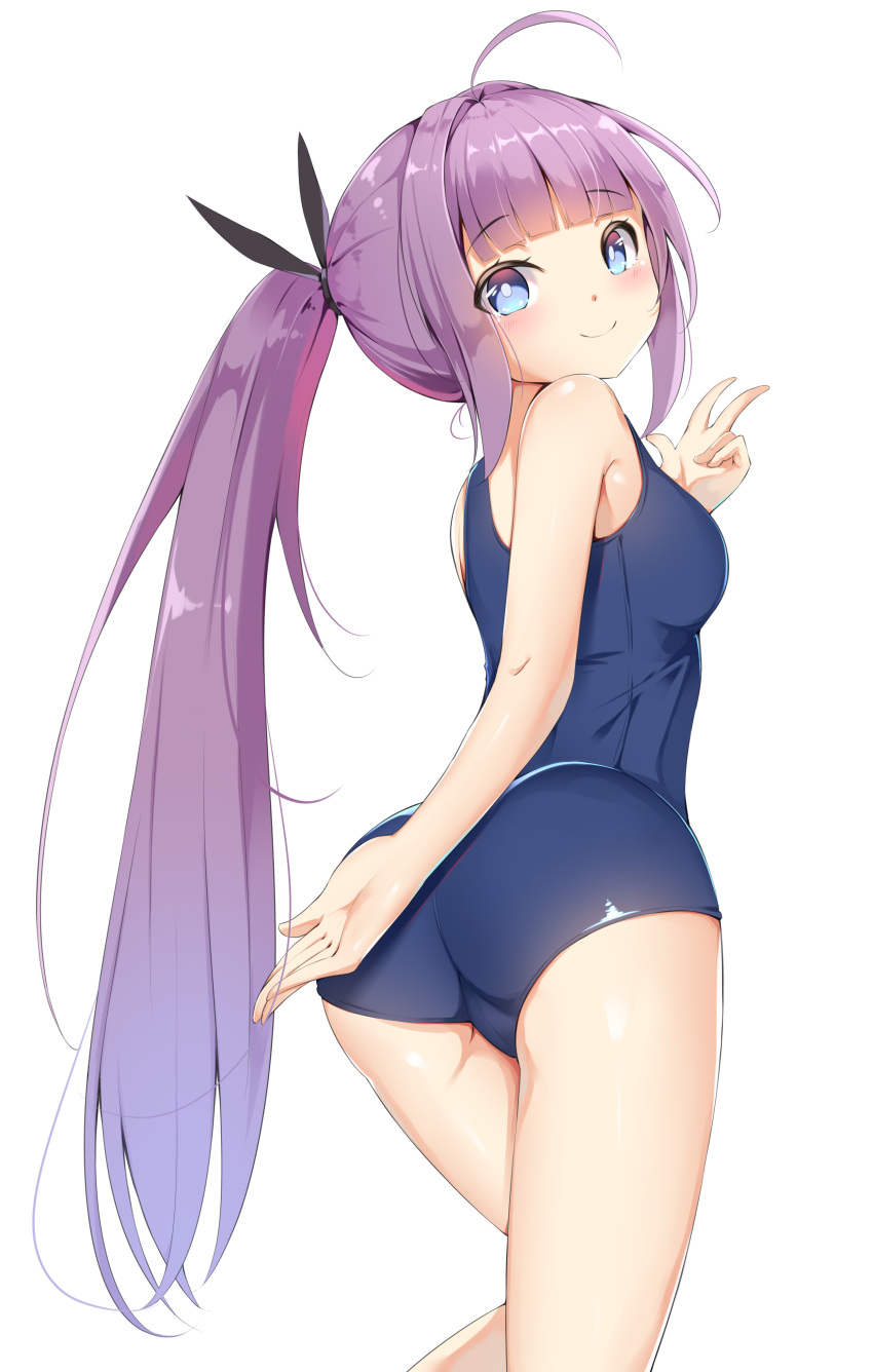 1girl absurdres ahoge arm_behind_back ass azur_lane bangs bare_shoulders black_ribbon blue_eyes blue_swimsuit blush breasts commentary_request eyebrows_visible_through_hair hair_ribbon highres long_hair looking_at_viewer medium_breasts ponytail purple_hair revision ribbon school_swimsuit simple_background solo swimsuit tashkent_(azur_lane) tming white_background