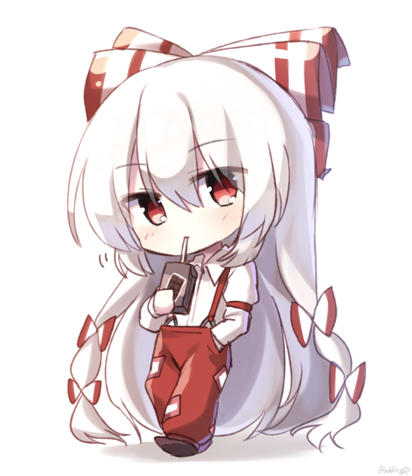 1girl artist_name bangs black_footwear blush bow chibi chocolate_milk commentary_request drinking_straw eyebrows_visible_through_hair fujiwara_no_mokou full_body hair_between_eyes hair_bow hand_in_pocket head_tilt highres holding juice_box juliet_sleeves long_hair long_sleeves looking_at_viewer pants pudding_(skymint_028) puffy_sleeves red_eyes red_pants shirt shoes signature silver_hair simple_background solo standing suspenders touhou very_long_hair white_background white_bow white_shirt
