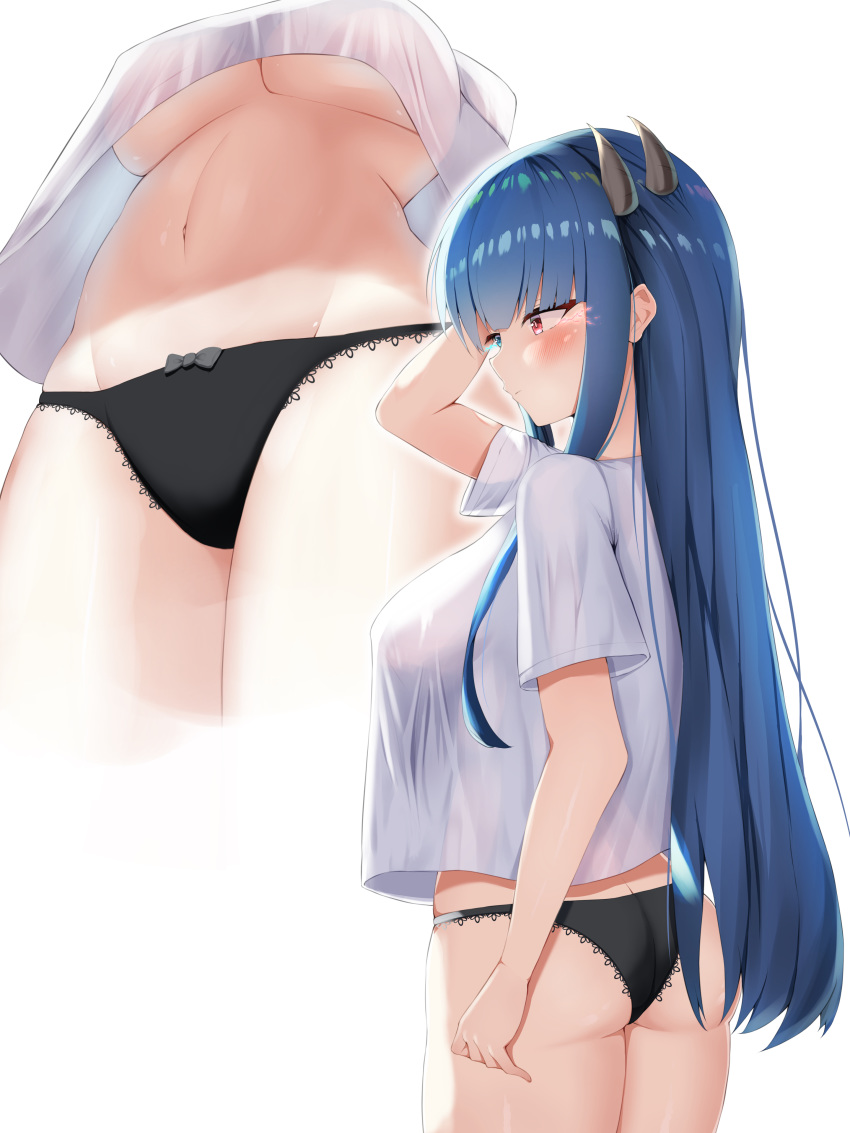 1girl absurdres arm_at_side arm_up ass azur_lane bangs black_panties blue_eyes blue_hair blunt_bangs blush breasts commentary_request cropped_legs eyebrows_visible_through_hair firin from_below hand_in_hair heterochromia highres horns ibuki_(azur_lane) large_breasts long_hair multiple_views navel no_bra panties red_eyes shirt short_sleeves sidelocks simple_background skindentation stomach straight_hair thighs under_boob underwear upshirt very_long_hair white_background white_shirt