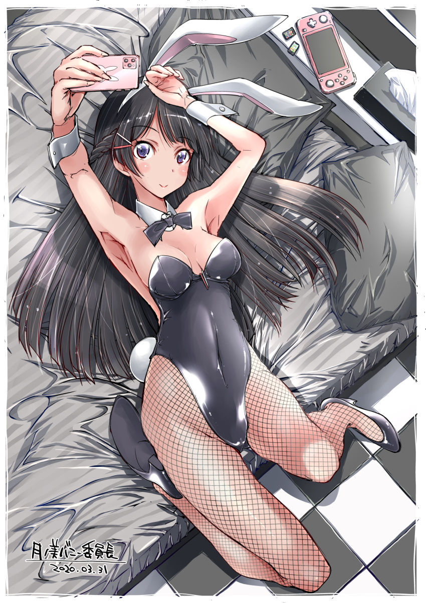 1girl animal_ears bed black_bow black_footwear black_leotard black_neckwear bow bowtie bunnysuit cellphone commentary_request dated detached_collar fishnet_legwear fishnets from_above full_body handheld_game_console high_heels highres leotard looking_at_viewer lying nijisanji nintendo_switch pantyhose phone pillow rabbit_ears solo strapless strapless_leotard tissue_box translation_request tsukino_mito virtual_youtuber wrist_cuffs yazawa_mana