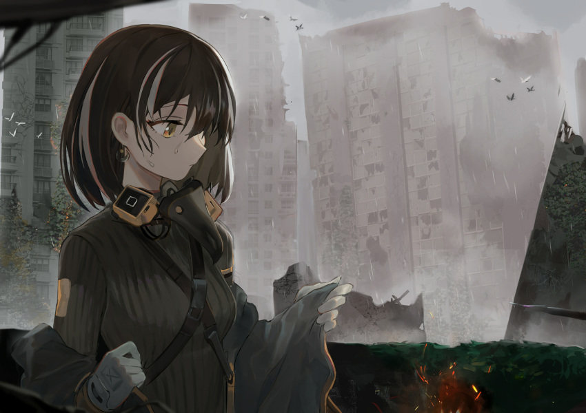 1girl arknights beak_mask black_jacket breasts brown_hair city closed_mouth crescent crescent_earrings earrings fire gas_mask gloves grey_sky highres jacket jewelry koio magallan_(arknights) mask_around_neck medium_breasts multicolored_hair off_shoulder outdoors rain ribbed_sweater ruins short_hair solo strap streaked_hair sweater two-tone_hair upper_body wet white_gloves white_hair yellow_eyes
