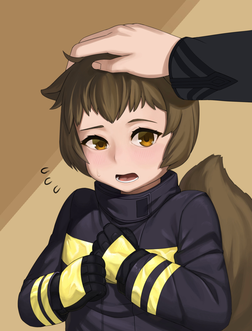1boy 1girl absurdres animal_ears arknights blush brown_eyes brown_hair commentary fire_jacket firefighter gloves hand_on_another's_head highres large_tail long_sleeves mekolee no_headwear no_helmet open_mouth shaw_(arknights) short_hair solo_focus squirrel_ears squirrel_girl squirrel_tail tail