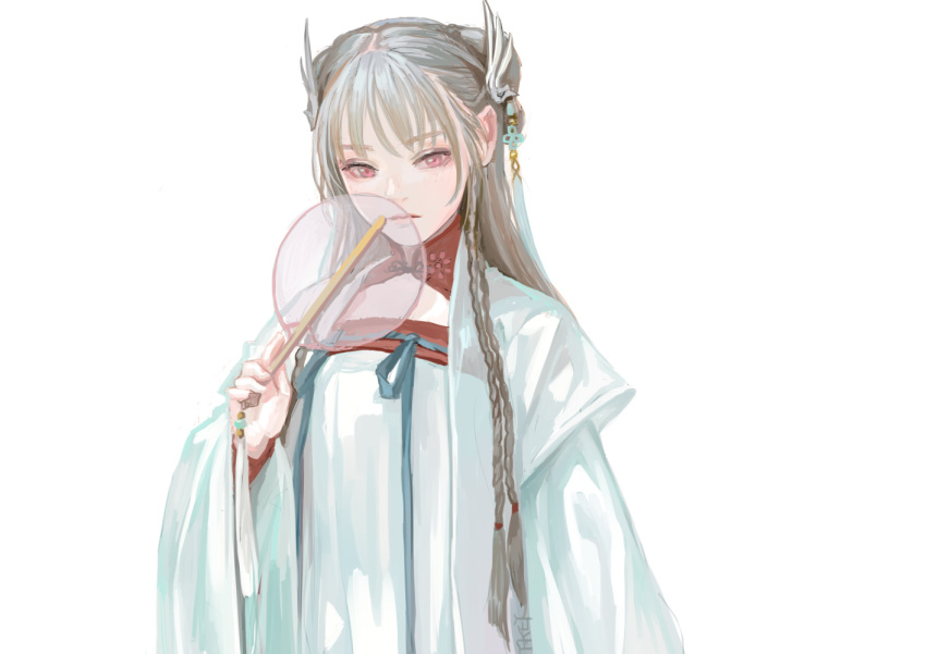 1girl bangs braid chinese_clothes fan fkey grey_hair hanfu long_hair looking_at_viewer original simple_background violet_eyes white_background